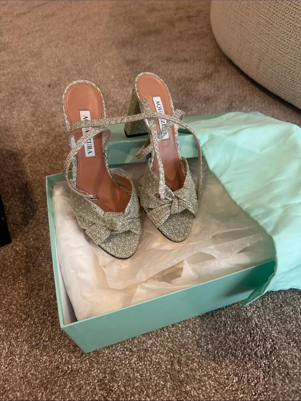 Aquazzura Silver/Gold Glitter Knot-Strap Block Heel Sandals